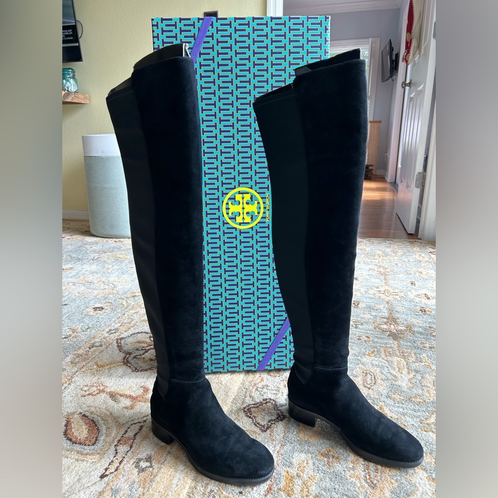 NIB Tory Burch Black Caitlin Stretch Over the Knee Suede/Neoprene Boots